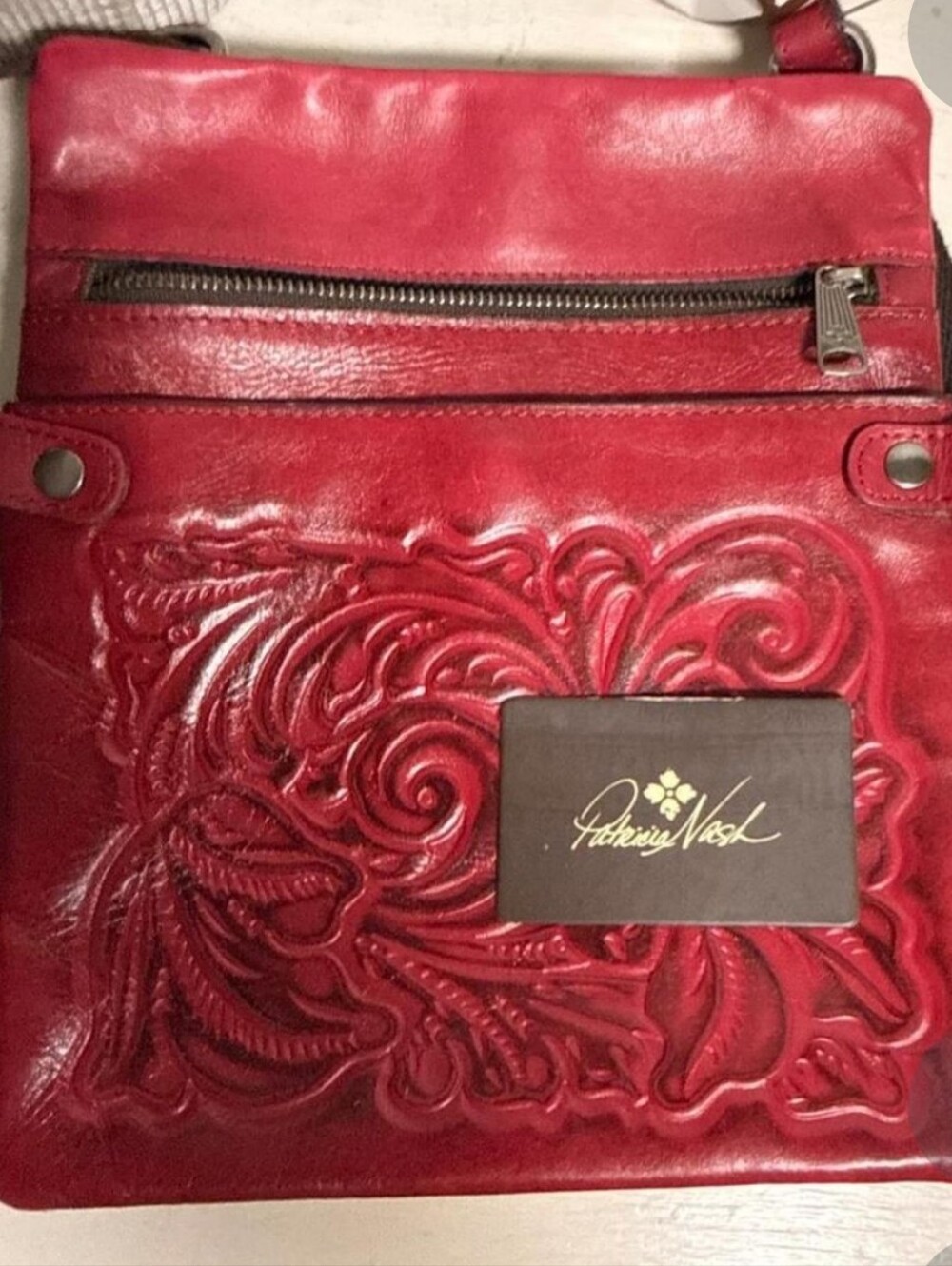 Patricia Nash Red Tooled Leather Crossbody with Front Zip Pocket